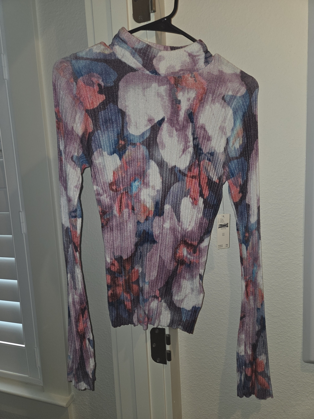 Anthropologie Floral Ribbed Mock Neck Top Size Xs NWT